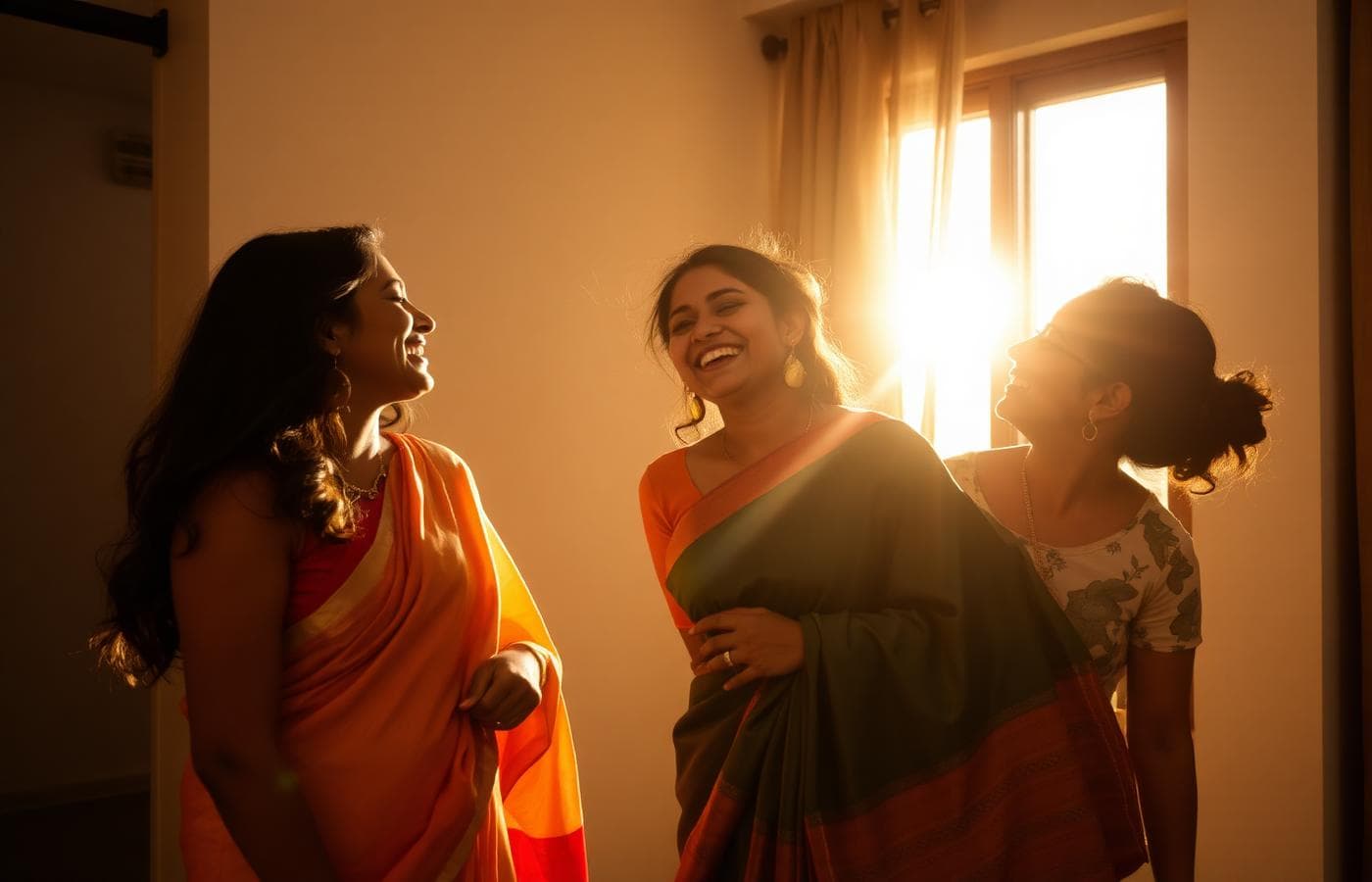 Friends sharing outfits in a sunlit room